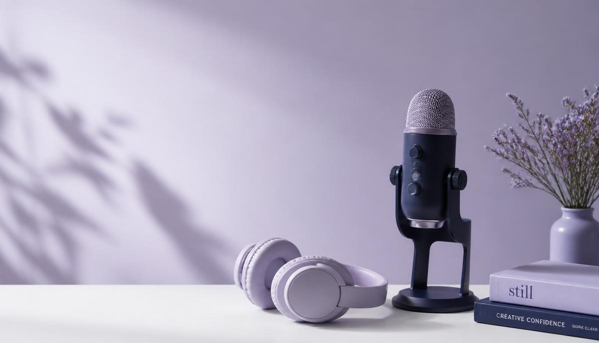 Podcast mikrofon a sluchátka v lilac stylu RESTART ŽENY