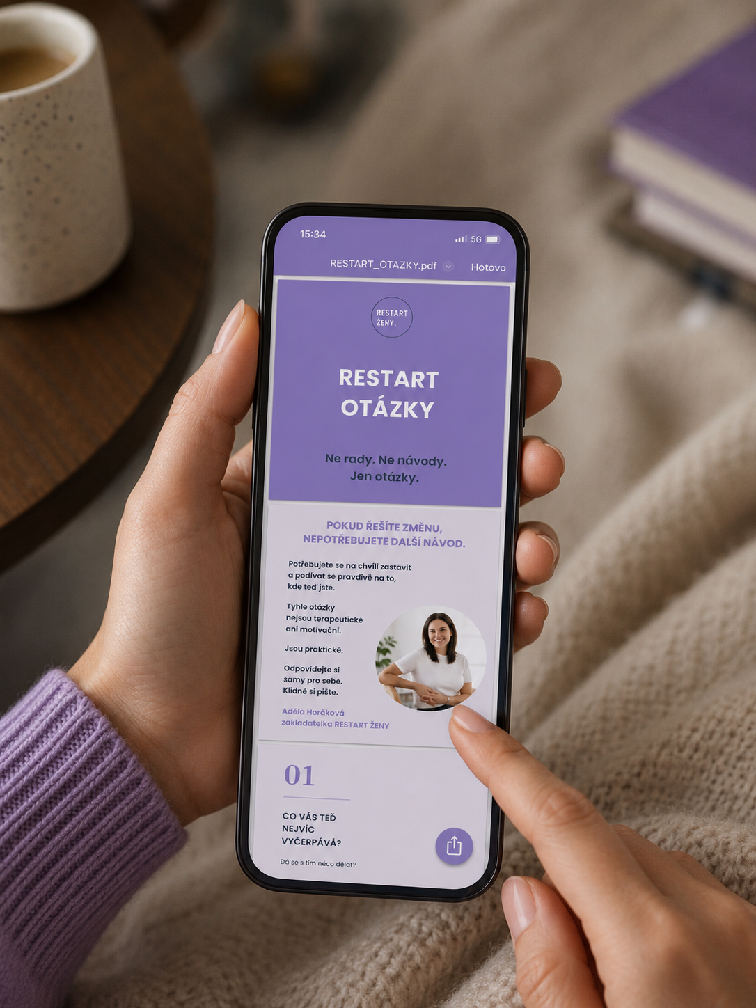 RESTART OTÁZKY zobrazené v telefonu jako PDF průvodce
